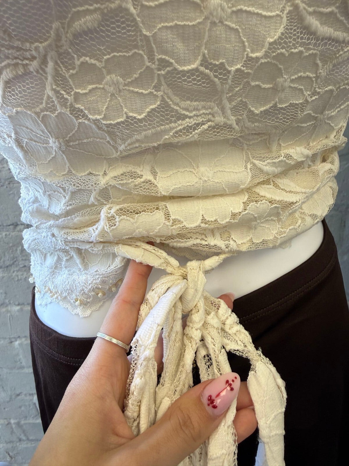 Cream Lace Sleeveless Wrap Top with Tie Back