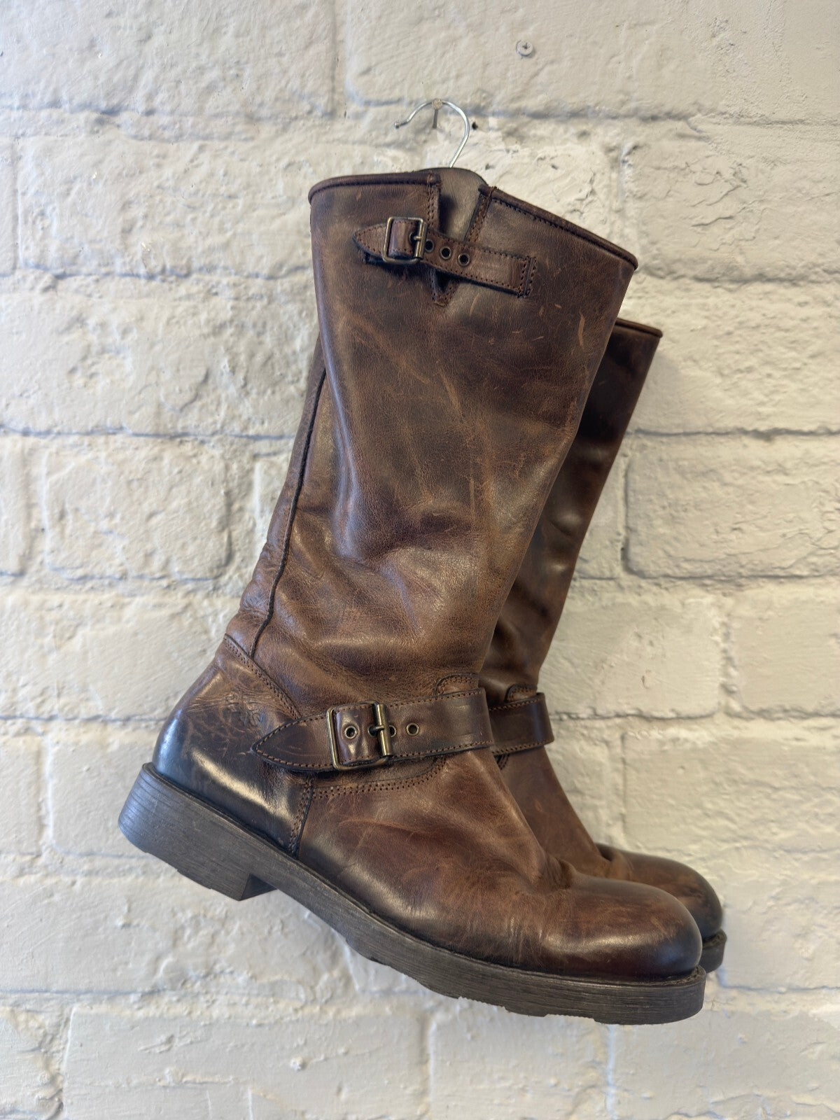 Brown Leather Mid-Calf Buckle Boots