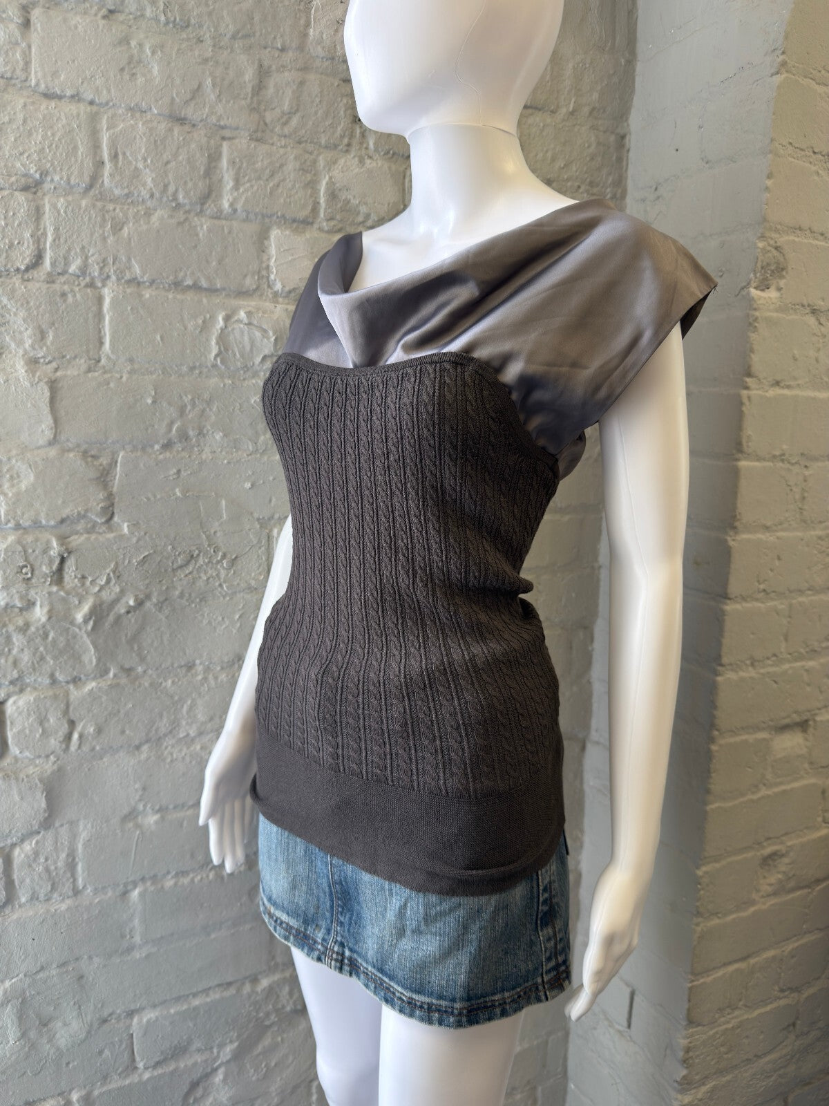 Grey Knit and Satin Blend Cap Sleeve Top