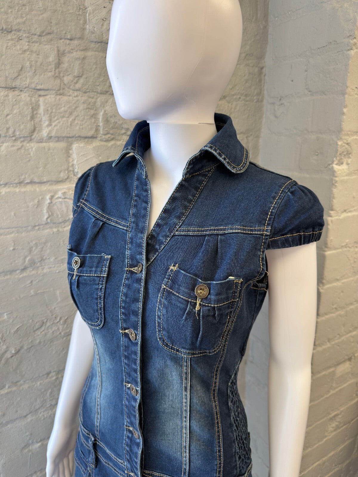 Denim Button-Up Mini Dress with Puffed Sleeves