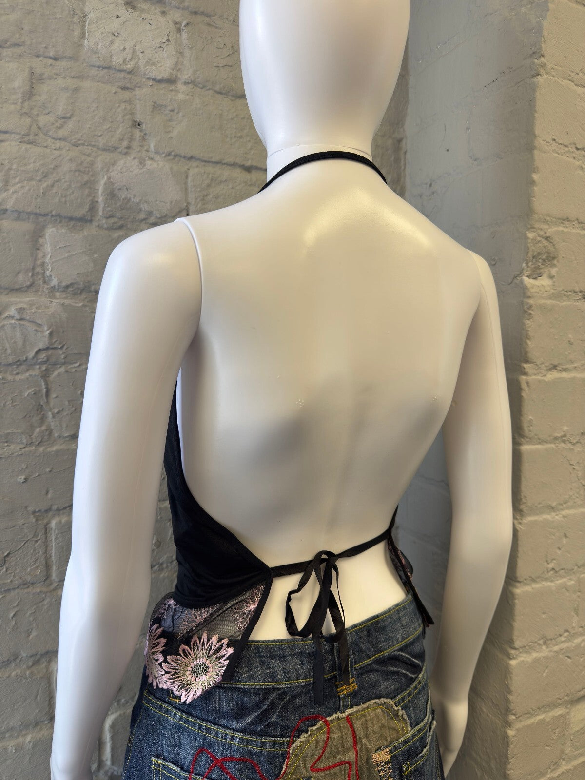 Black Halter Top with Pink Floral Lace Detail and Open Back