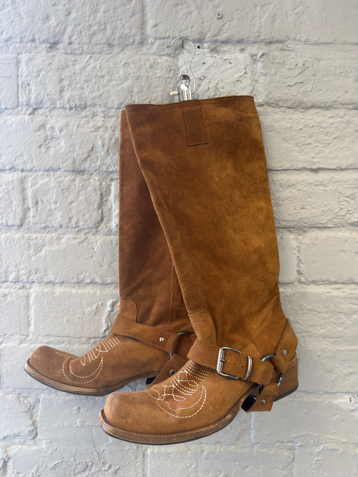 Brown Suede Western Harness Boots with Embroidered Detailing
