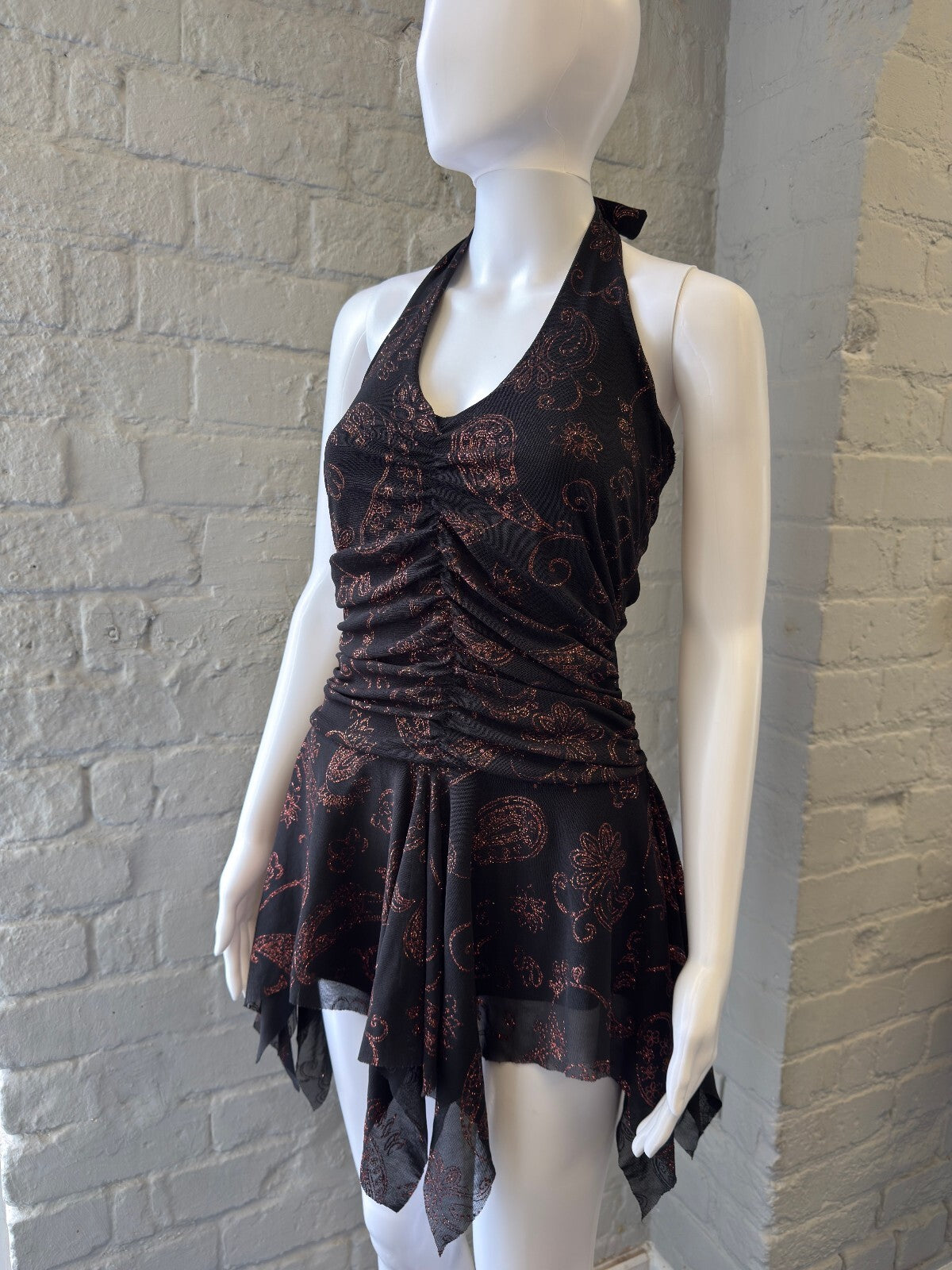 Black and Brown Paisley Halter Dress with Handkerchief Hem
