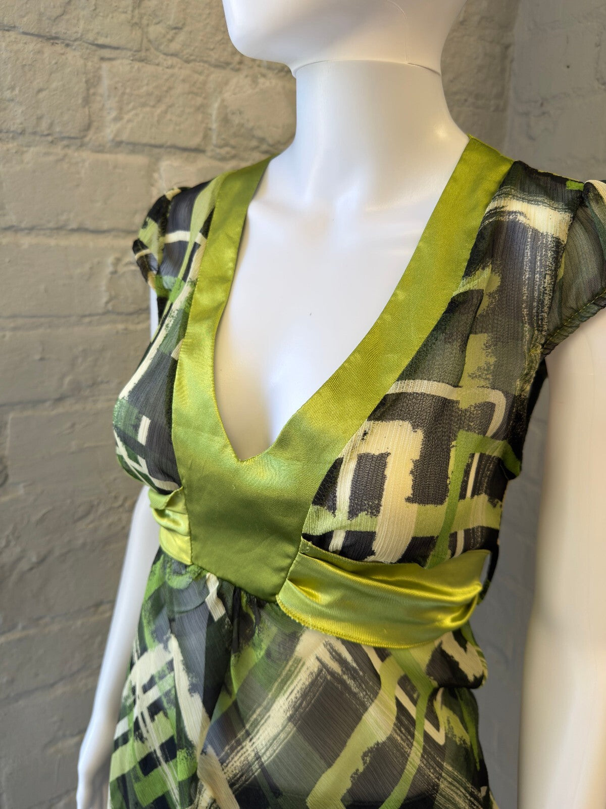 Green Patterned Deep V-Neck Cap Sleeve Top