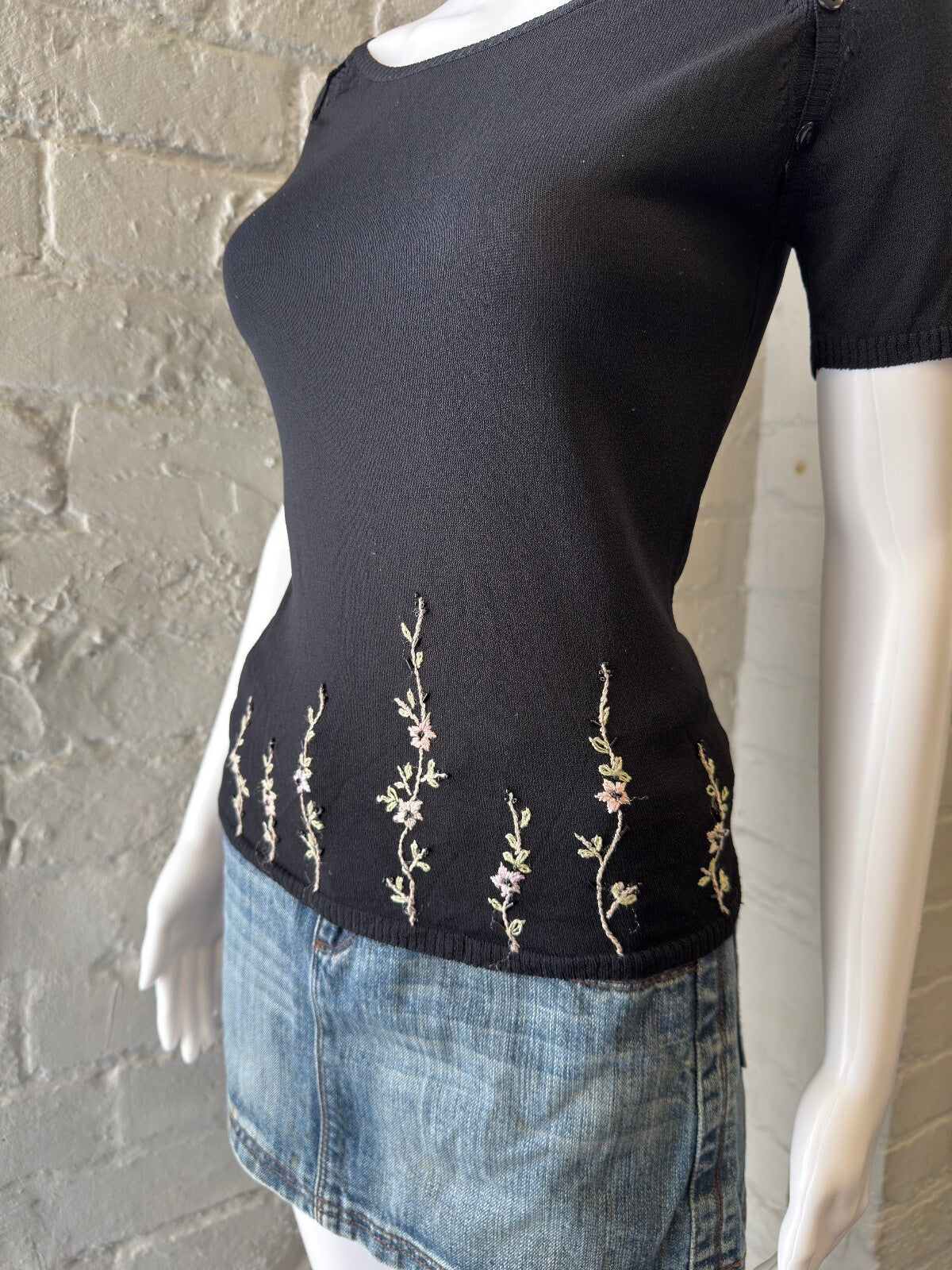 Black Knit Top with Floral Embroidery and Button Detail