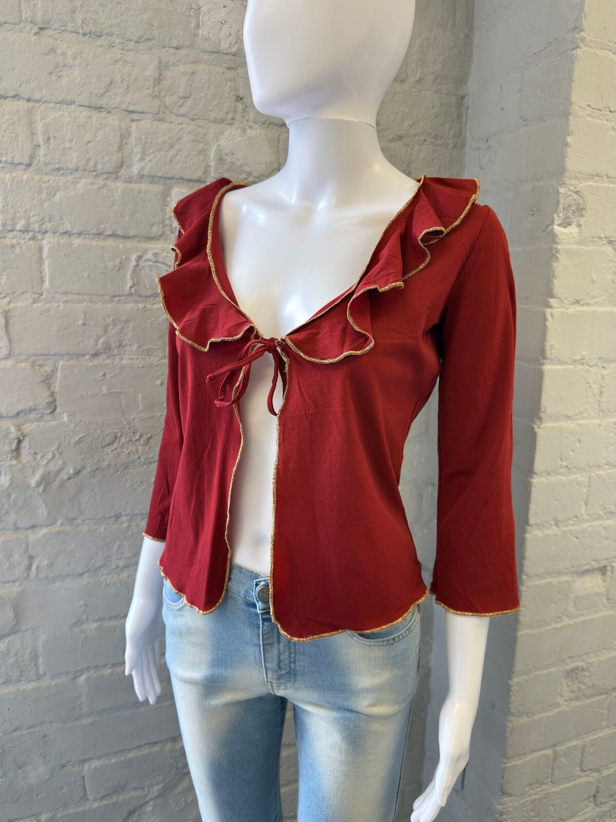 Red Mesh Ruffle Tie-Front Cardigan Top