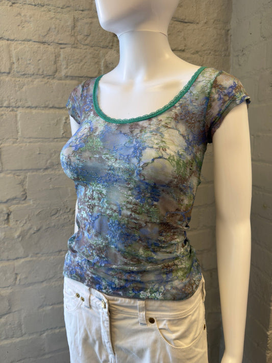 Sheer Mesh Floral Print Top with Green Trim