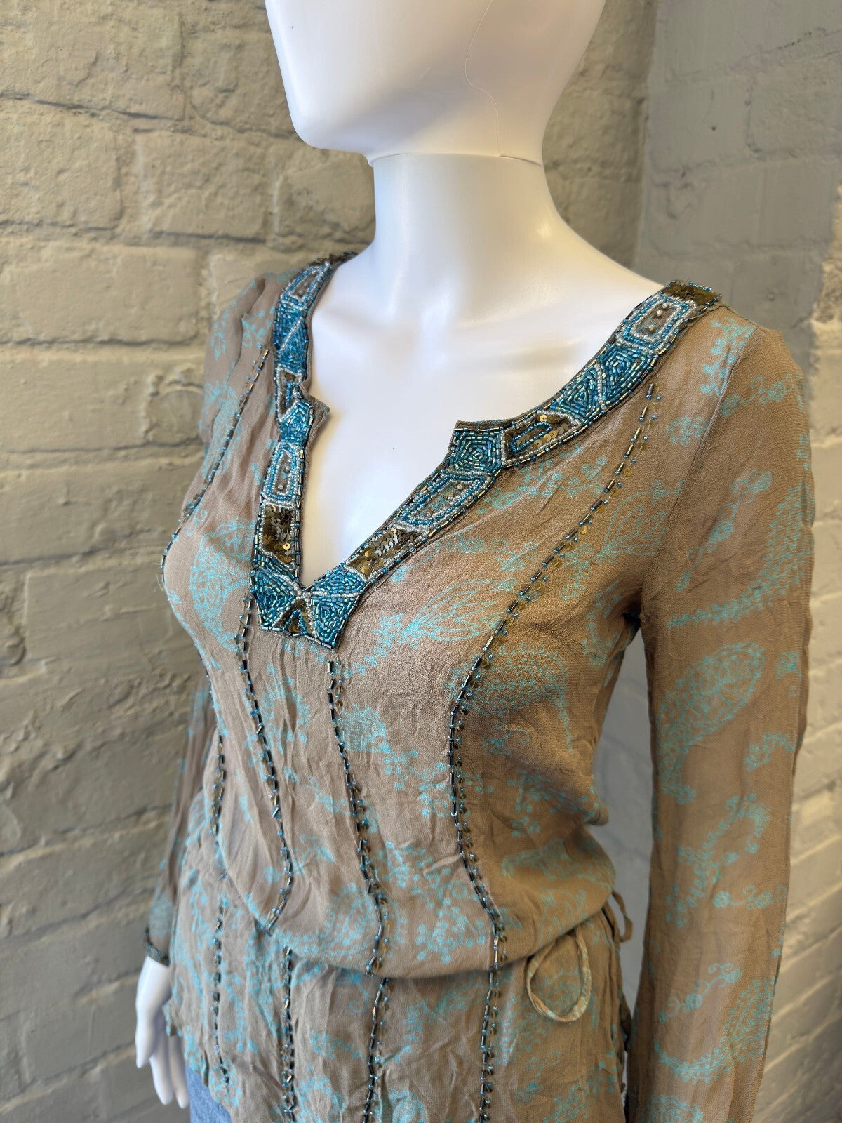 Beaded Mesh Trim Paisley Print Long Sleeve