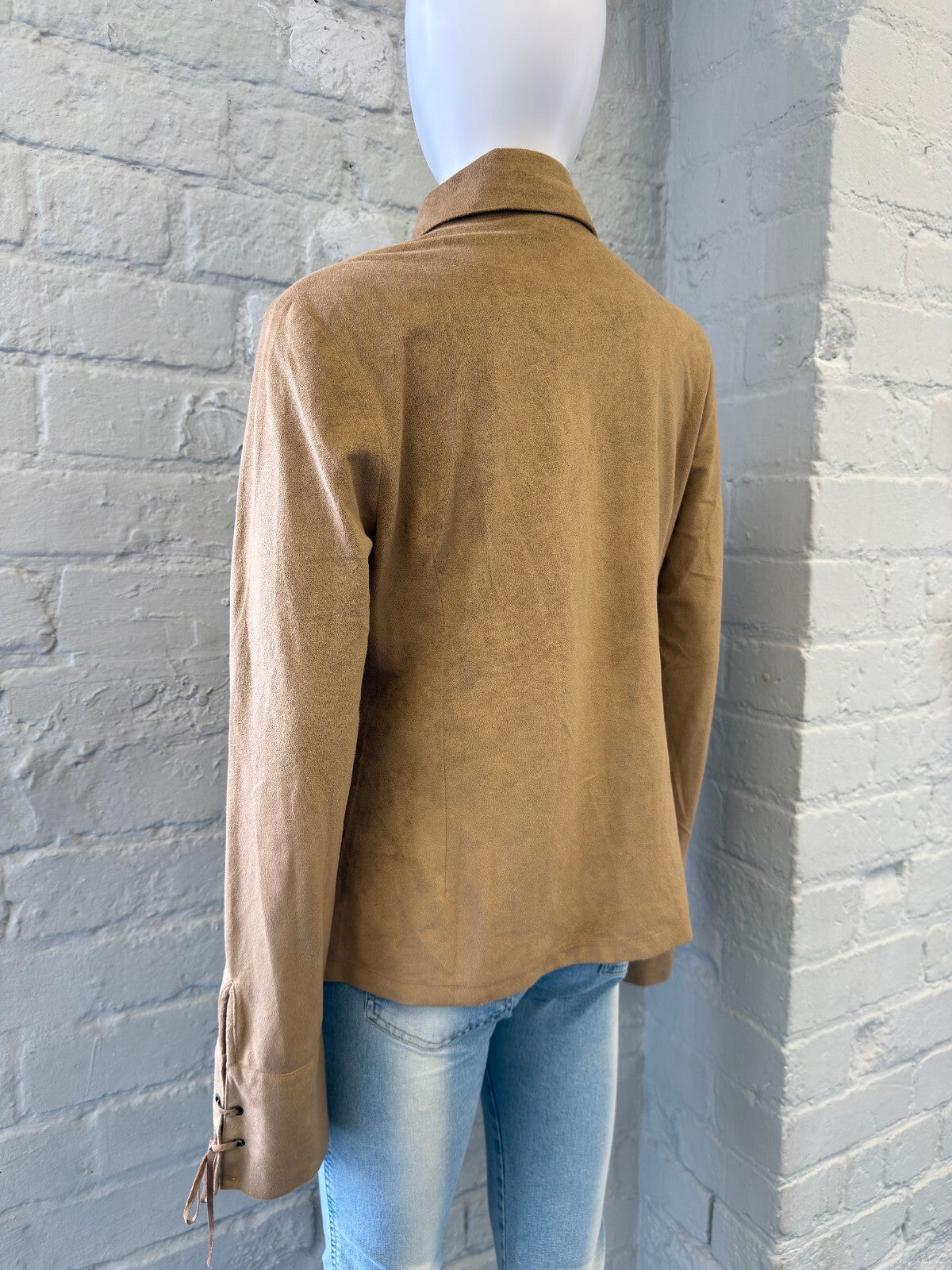 Tan Faux Suede Zip-Up Jacket with Keyhole Detail