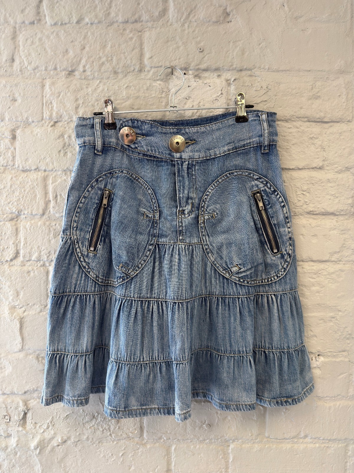Light Blue Denim Tiered Skirt with Zippered Pocket Details