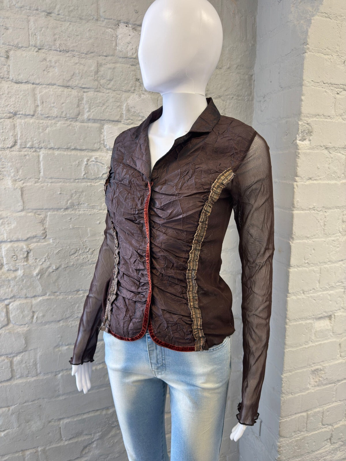 Italian Brown Sheer Long Sleeve Button-Up Top