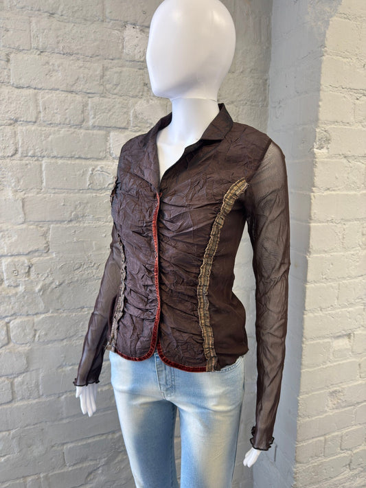 Italian Brown Sheer Long Sleeve Button-Up Top