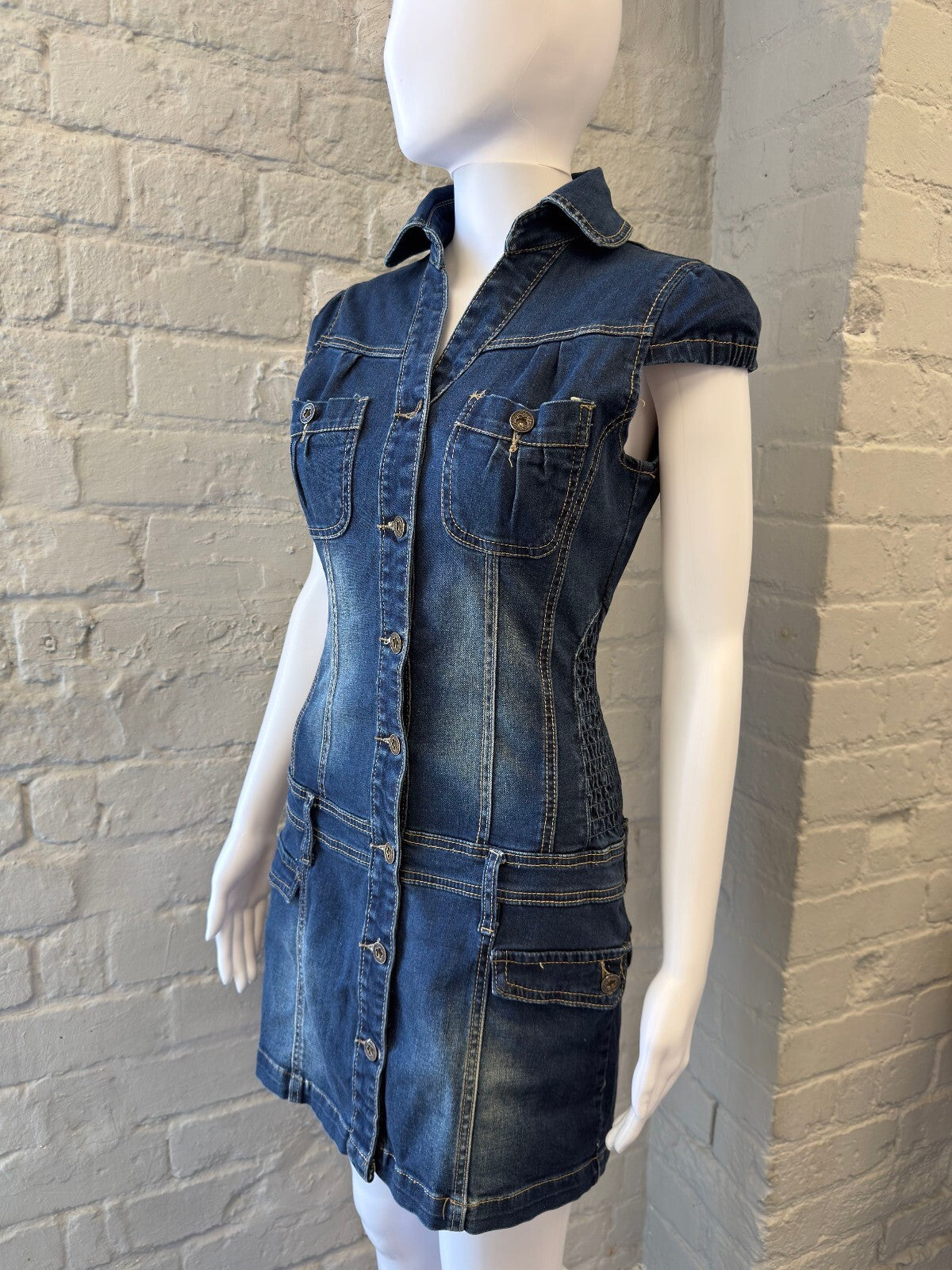 Denim Button-Up Mini Dress with Puffed Sleeves
