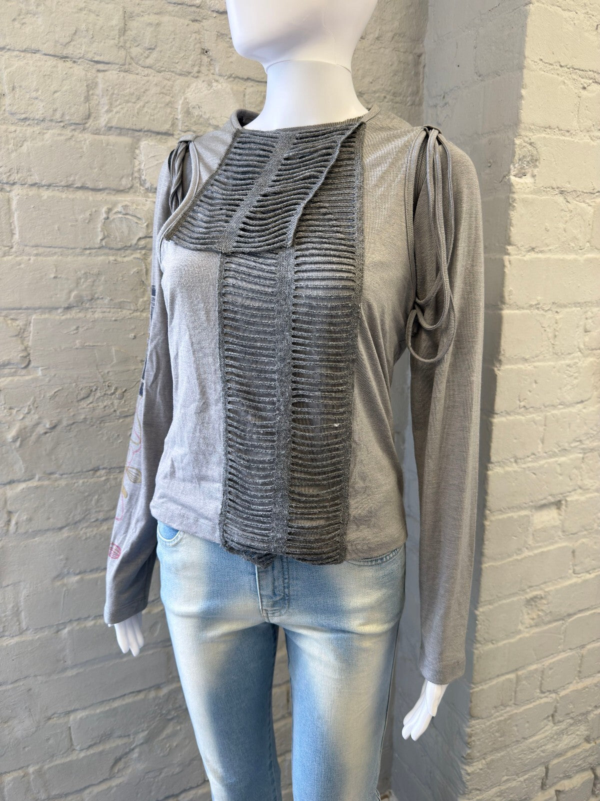 Unique Grey Long Sleeve Top with Knit Front Detail