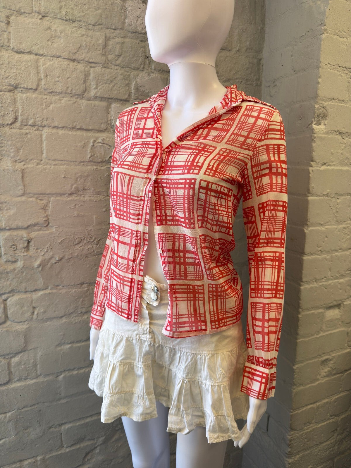 Red and White Checkered Mesh Shirt