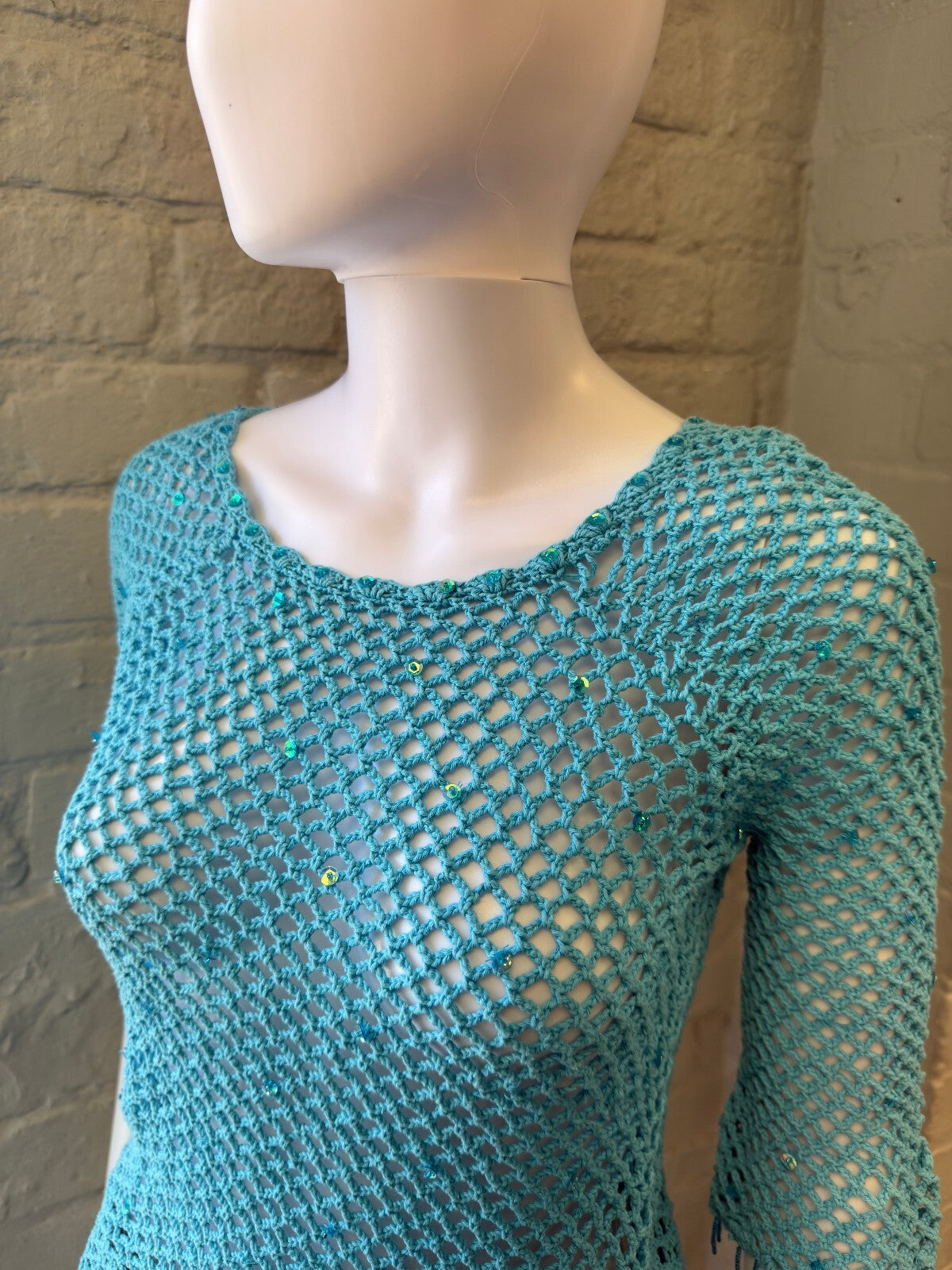 Turquoise Crochet Knit Top with Sequin Details