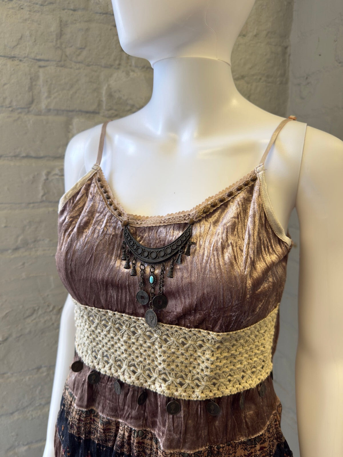 Bohemian Velvet and Crochet Spaghetti Strap Top