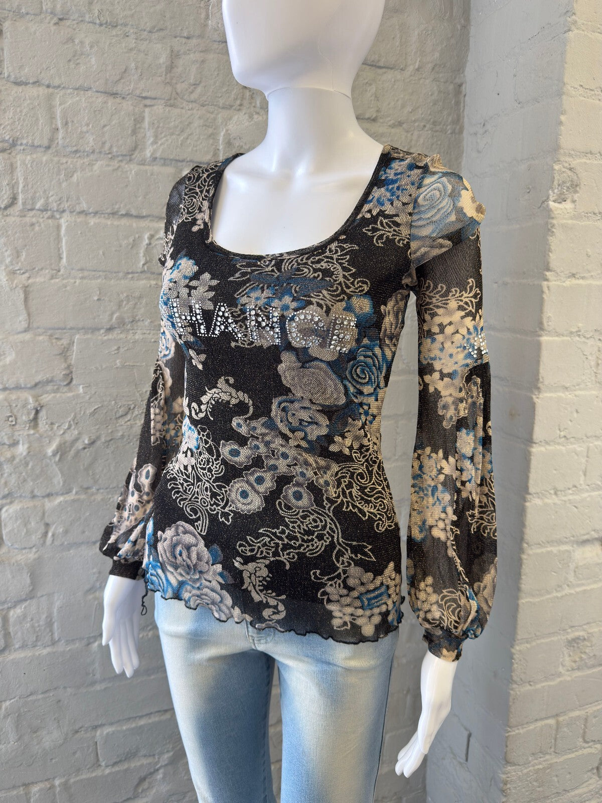 Y2K Floral Patterned Mesh Long Sleeve Top