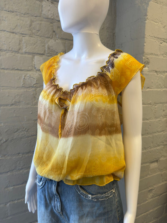 Yellow and Brown Patterned Cap Sleeve Blouse