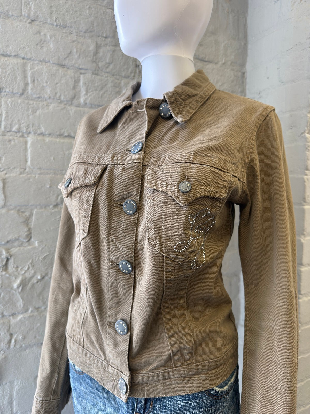 Italian Brown Denim Jacket with Embellished Buttons and Logo Detail