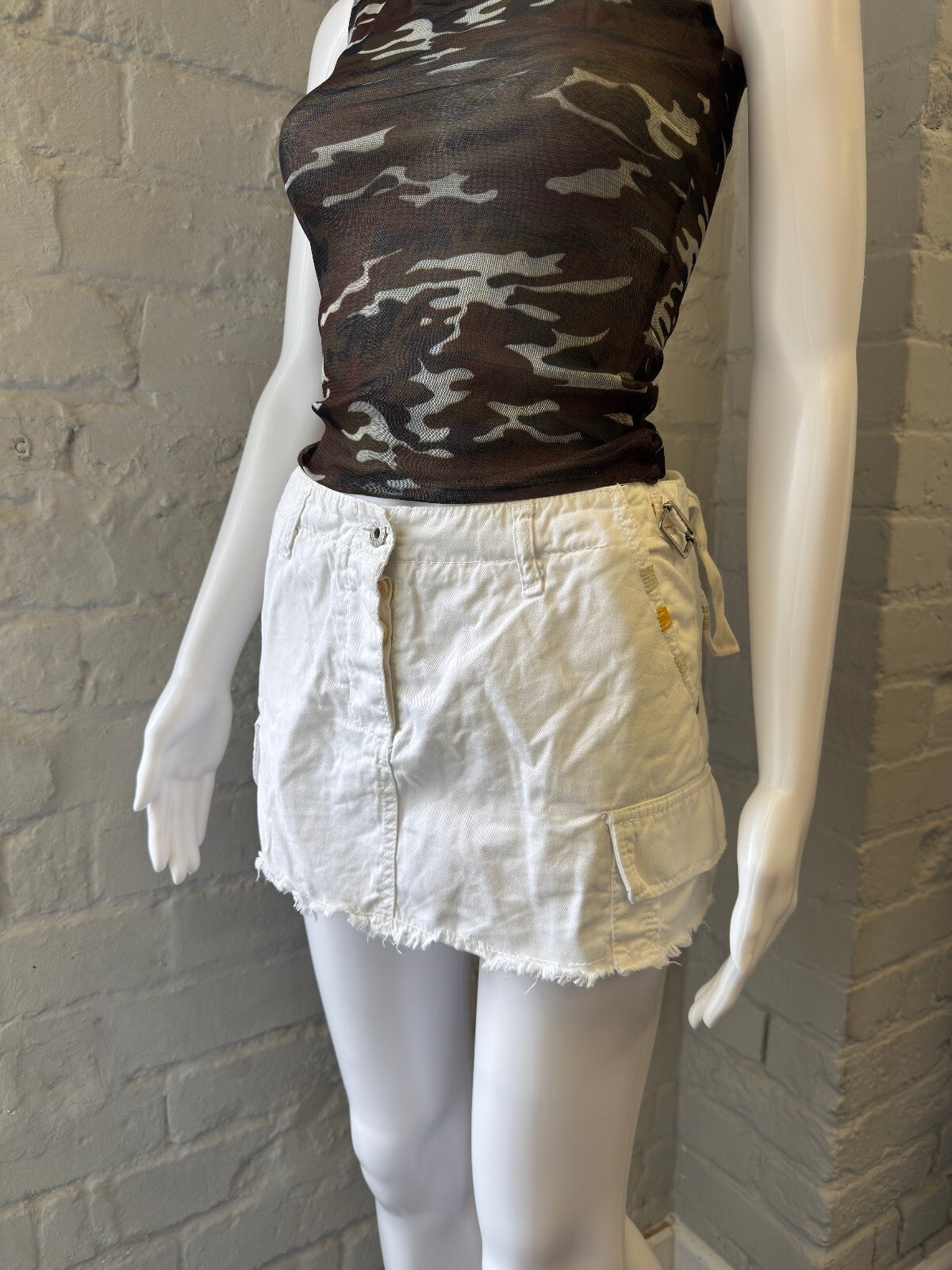 White Cargo Mini Skirt with Frayed Hem