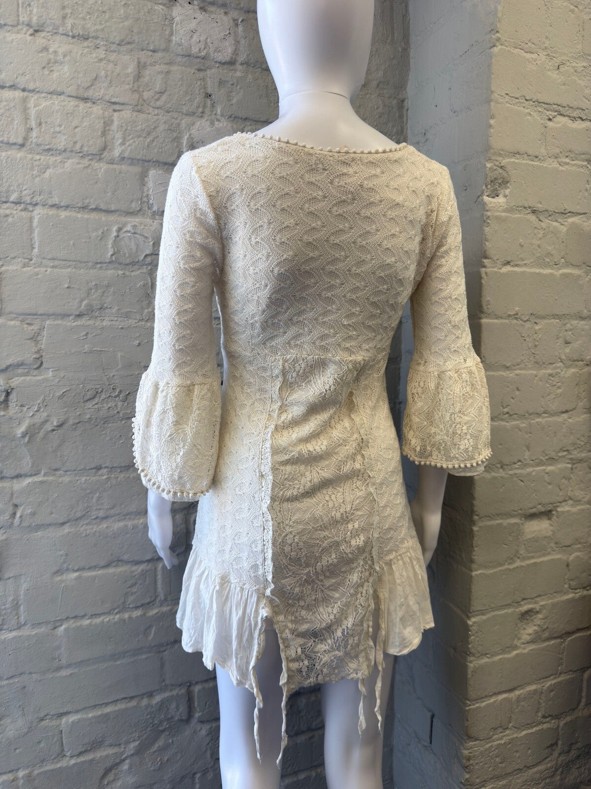 Cream Knit Mini Dress with Flared Sleeves
