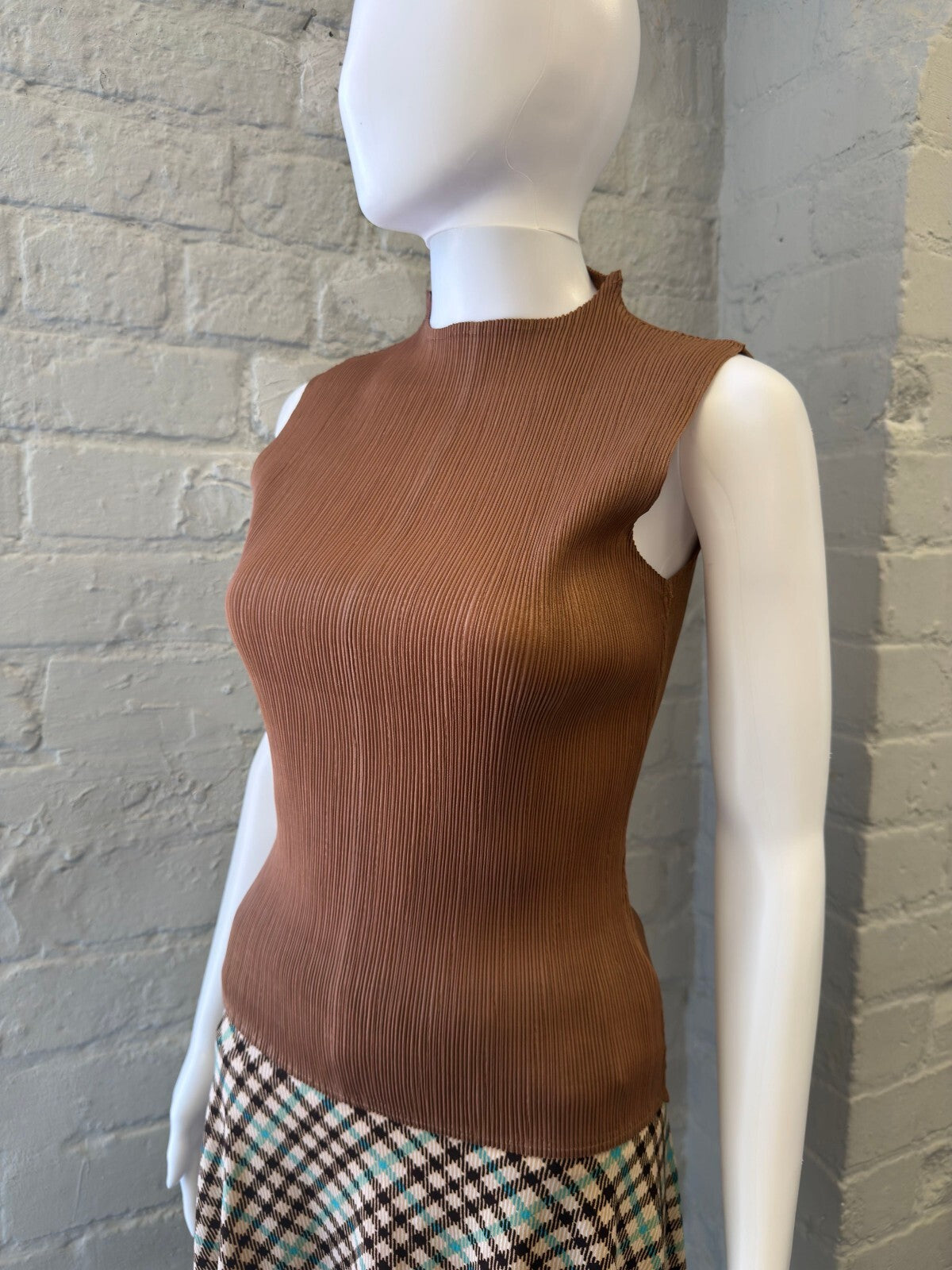 Pleated Brown Ribbed Top with High Neck