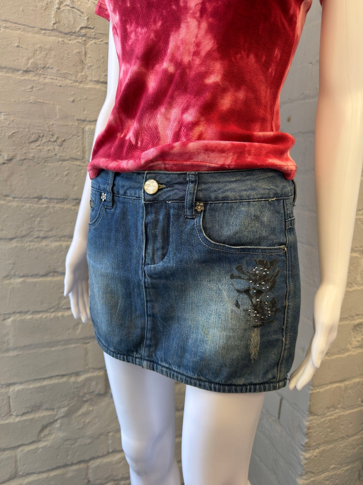 Vintage Denim Mini Skirt with Embellished Floral Detail