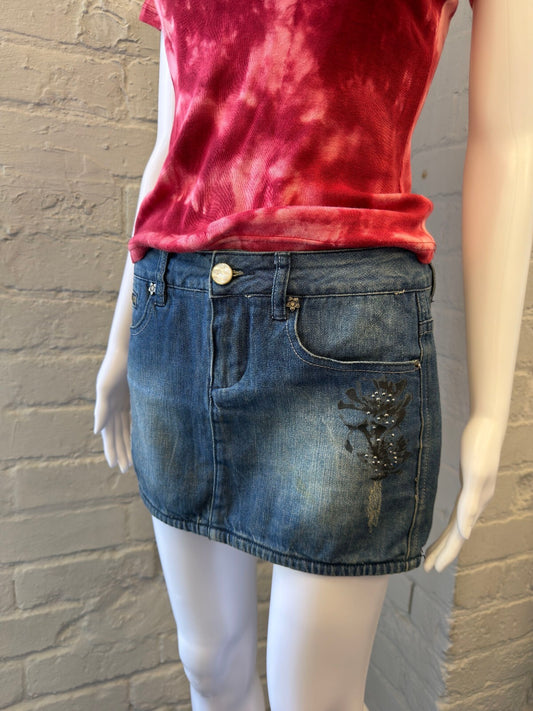 Vintage Denim Mini Skirt with Embellished Floral Detail