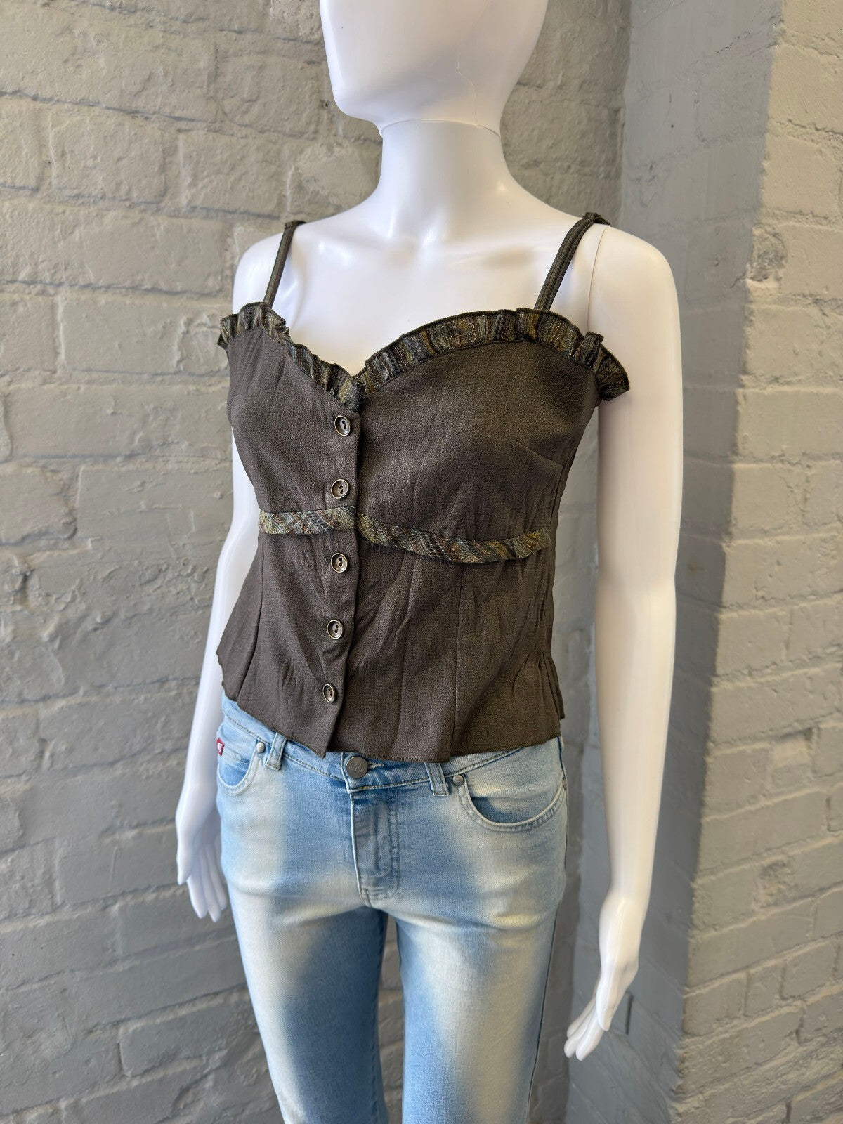 Grey Suit Ruffle Trim Button-Up Cami Top