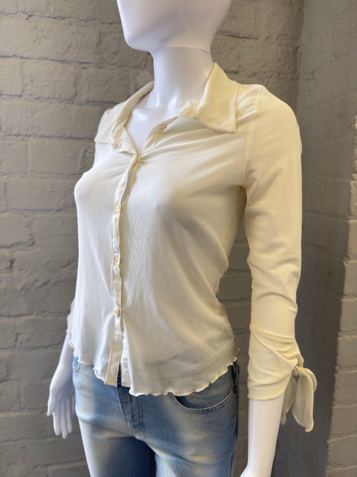 Pimkie Y2K Cream Button-Up Top with Tie Sleeves