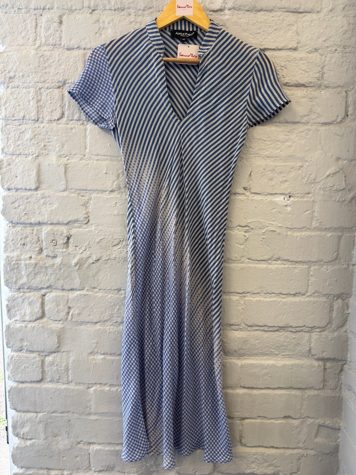 Silk Blue and White Striped V-Neck Midi Dress