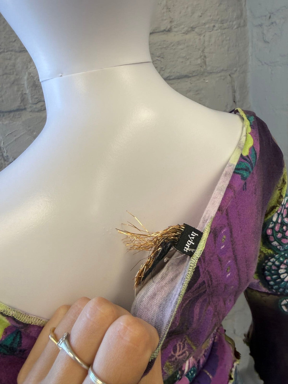 Purple and Green Patterned Top with Lace-Up Detail