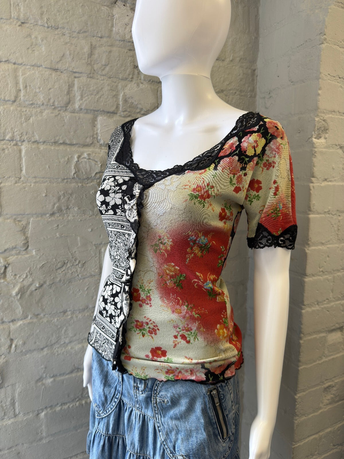 Vintage Floral Patchwork Lace Trim Top