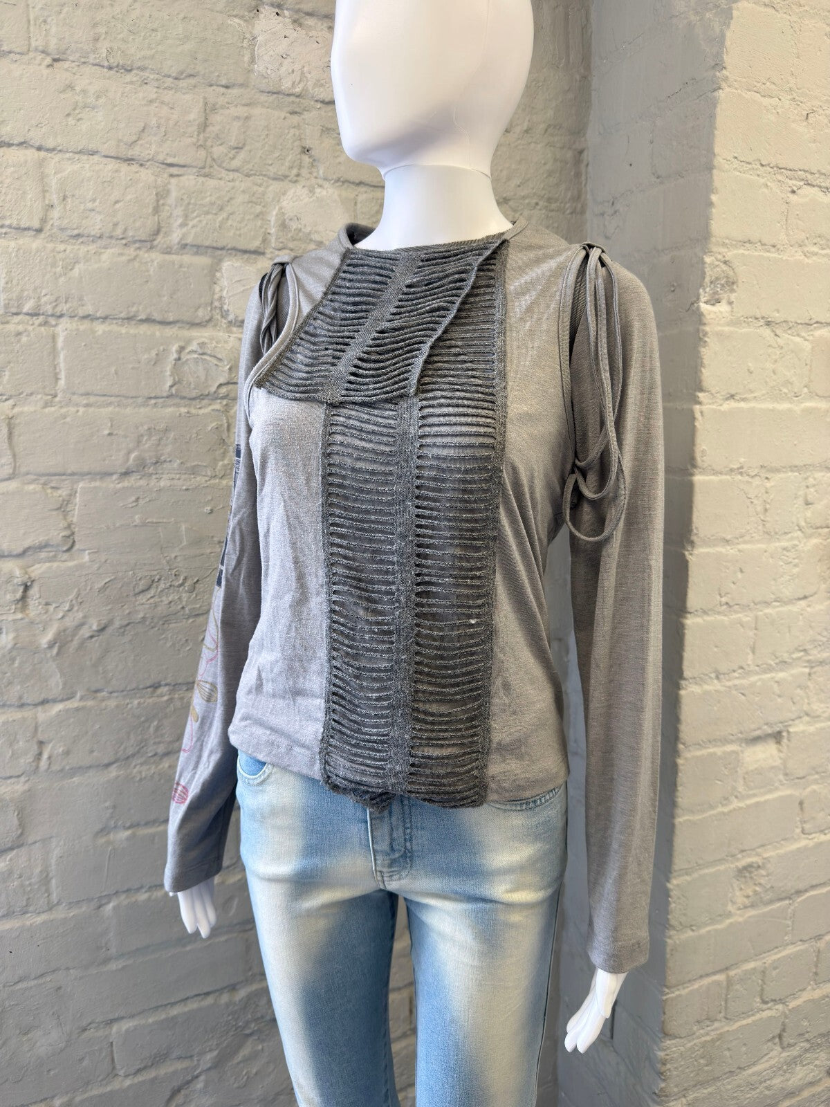 Unique Grey Long Sleeve Top with Knit Front Detail