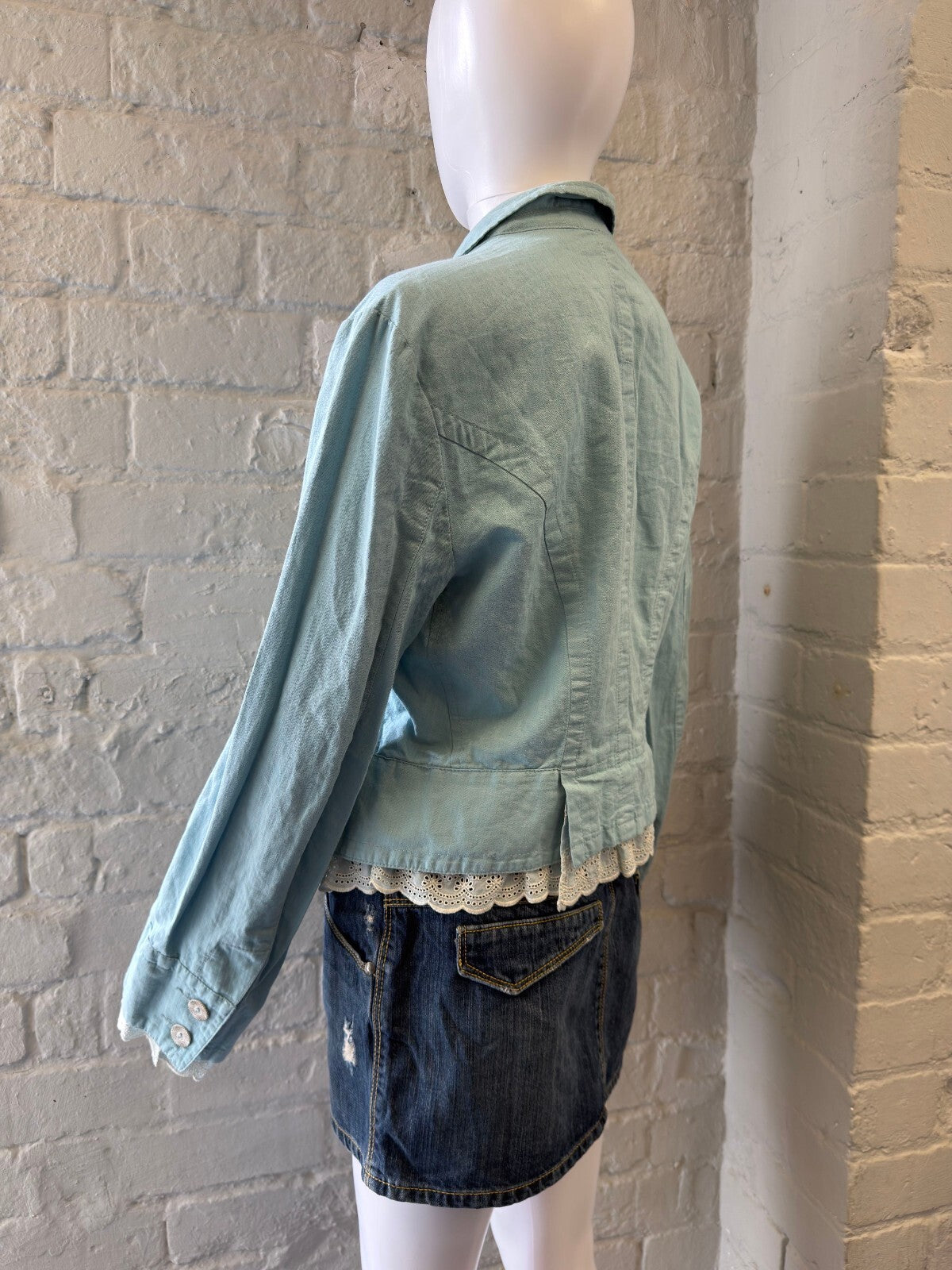 Light Blue Linen Blend Jacket with Lace Trim