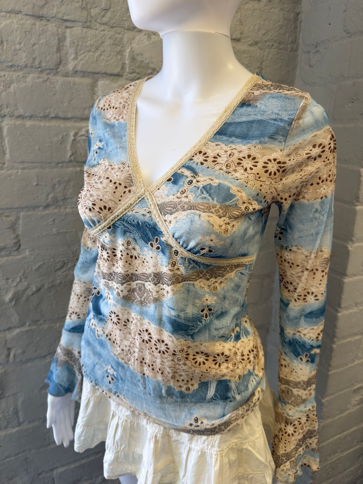 Blue and Cream Mesh Long Sleeve Top