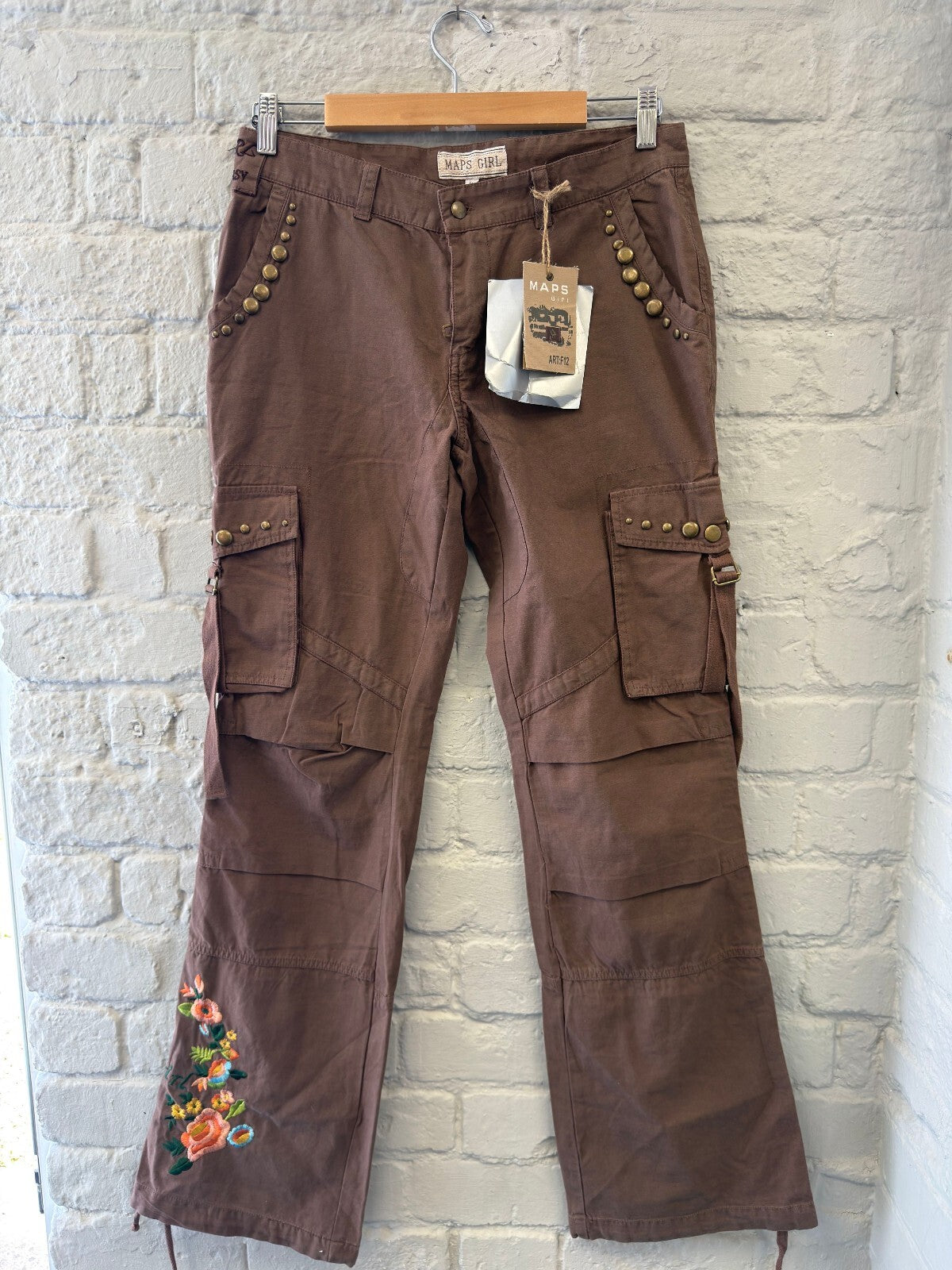 Deadstock Brown Cargo Trousers with Studs and Embroidered Floral Detail