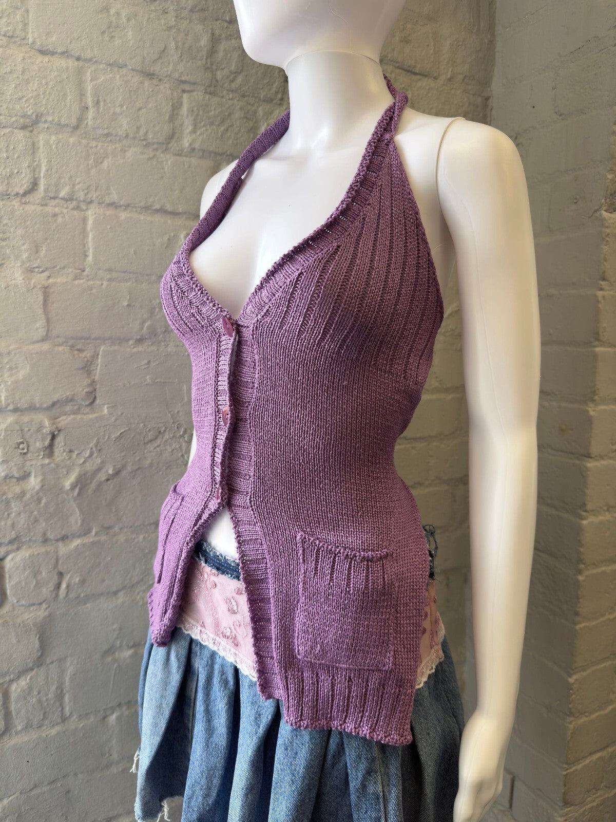 Purple Knitted Backless Halter Top