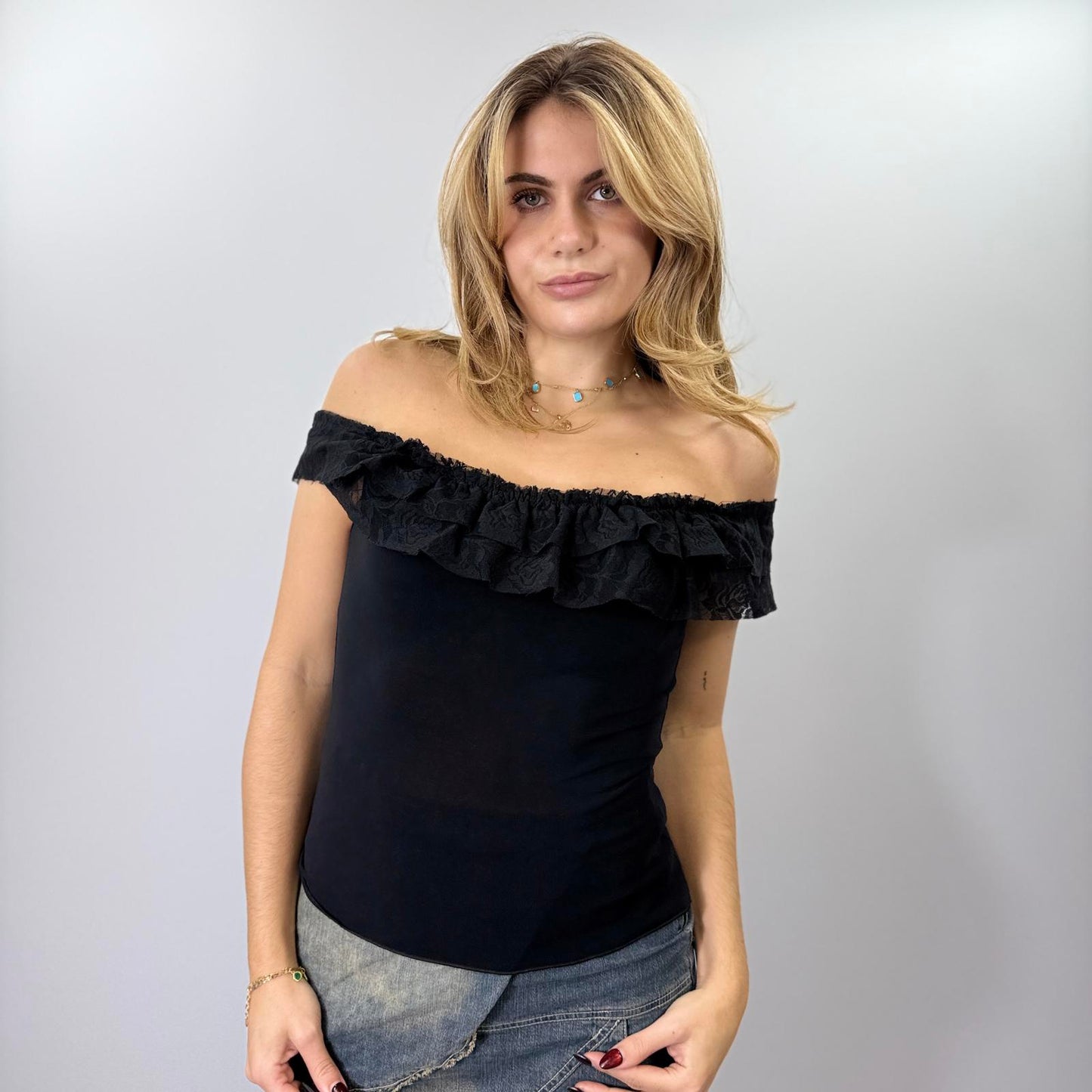 Black Off-Shoulder Ruffle Lace Top for Women- SIZE L/XL