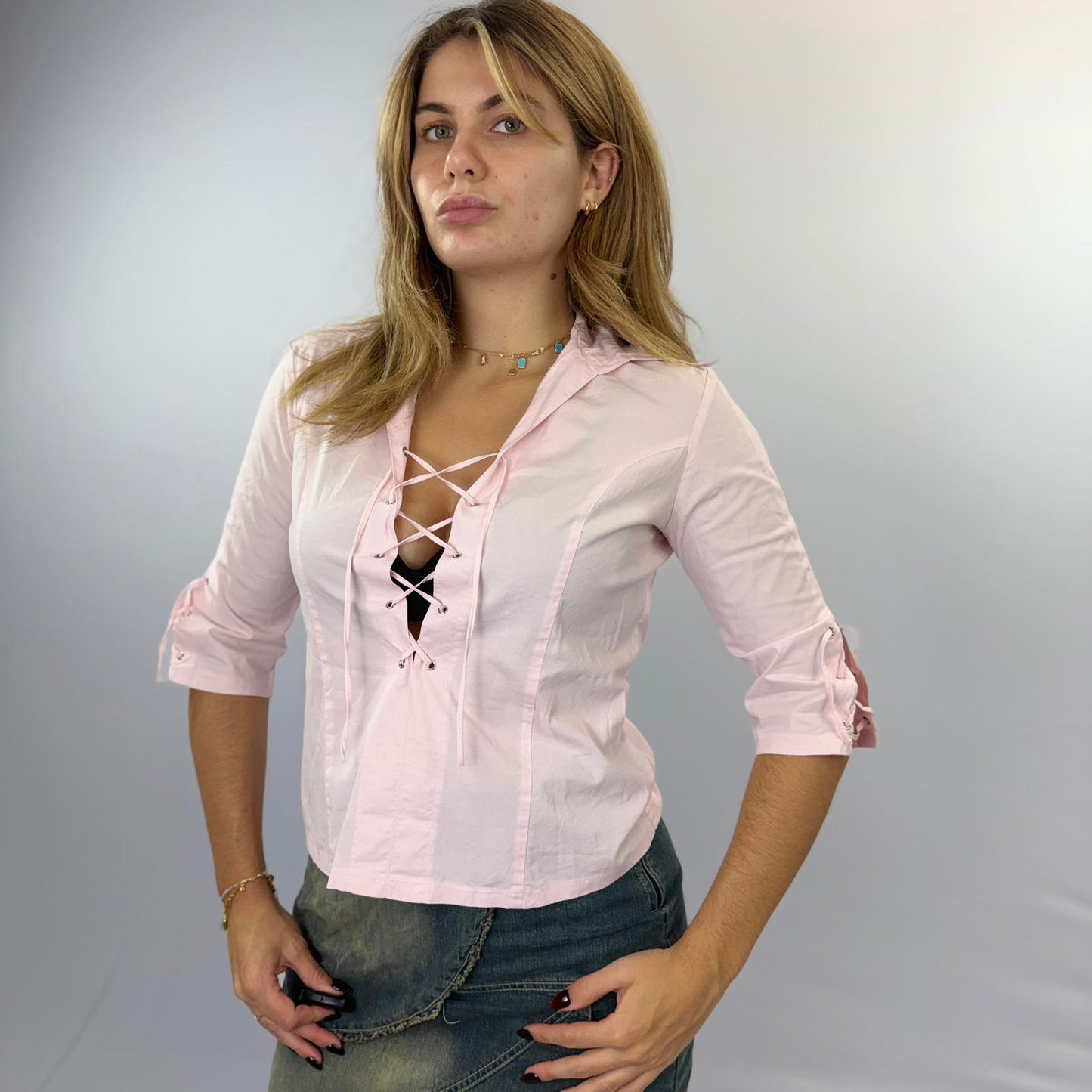 Azzurro Pink Lace-Up Front Women's Shirt - SIZE S