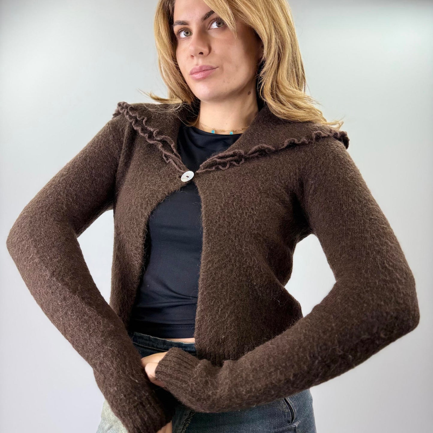 Angels Brown Knit Cardigan Sweater with Ruffle Collar- SIZE M