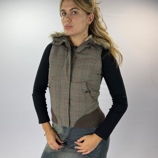 Clockhouse Plaid Women's Puffer Vest with Faux Fur Hood- SIZE XS