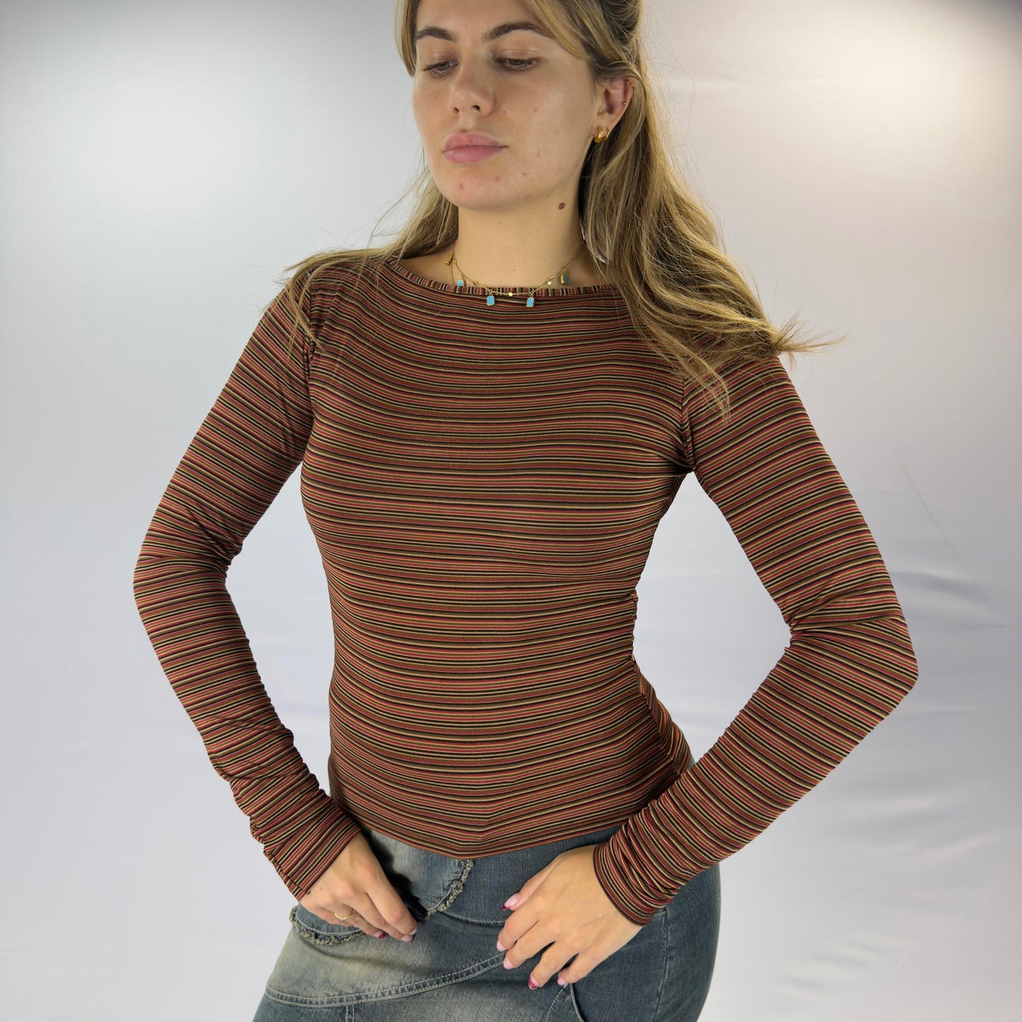 Nclt Milano Striped Long Sleeve Fitted Top for Women- SIZE S