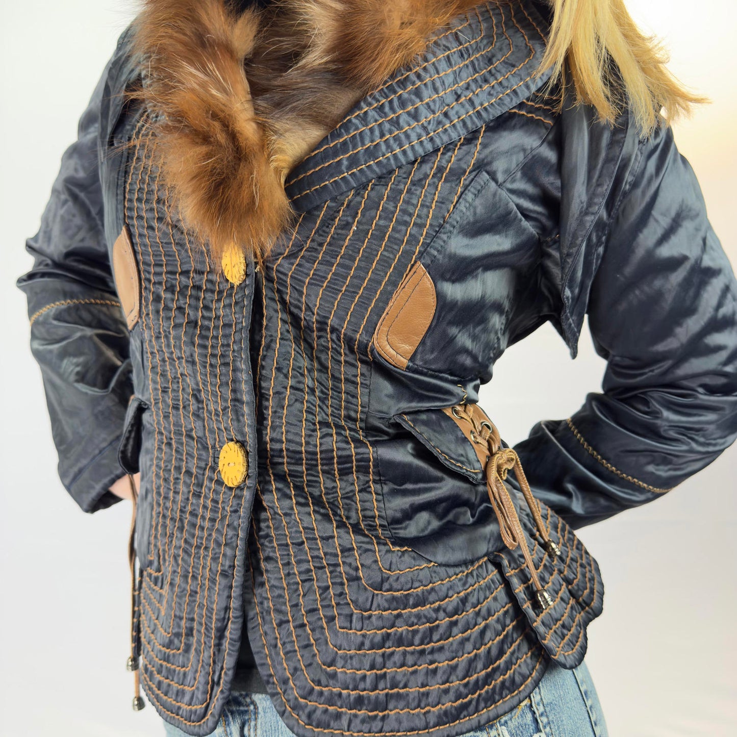 Gerve Blue Quilted Jacket with Fur Collar and Lace-up Details- SIZE S