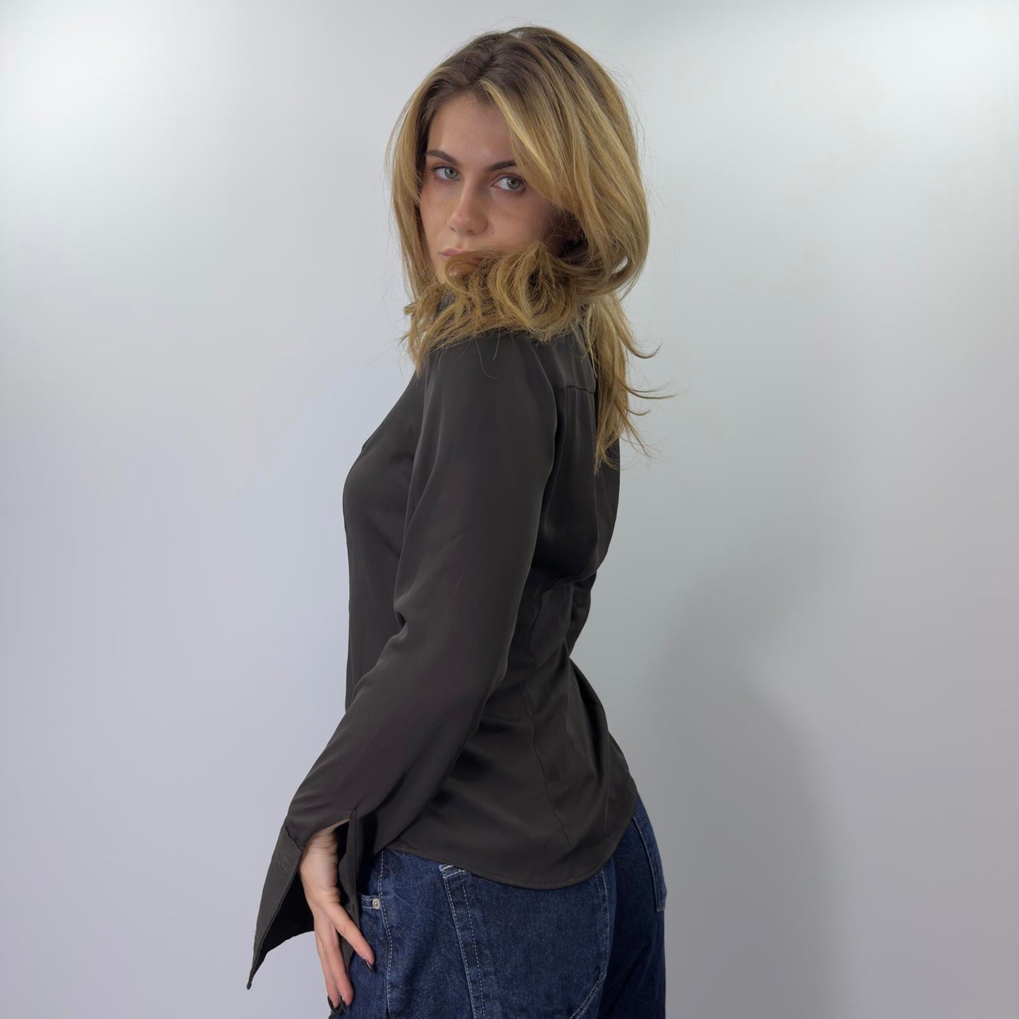 Brown Satin Button Up Shirt - SIZE M