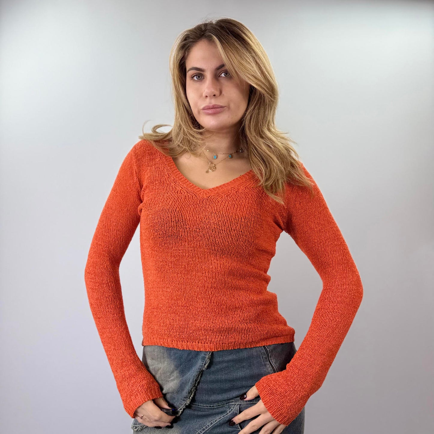 Orange V-Neck Long Sleeve Jumper- SIZE M