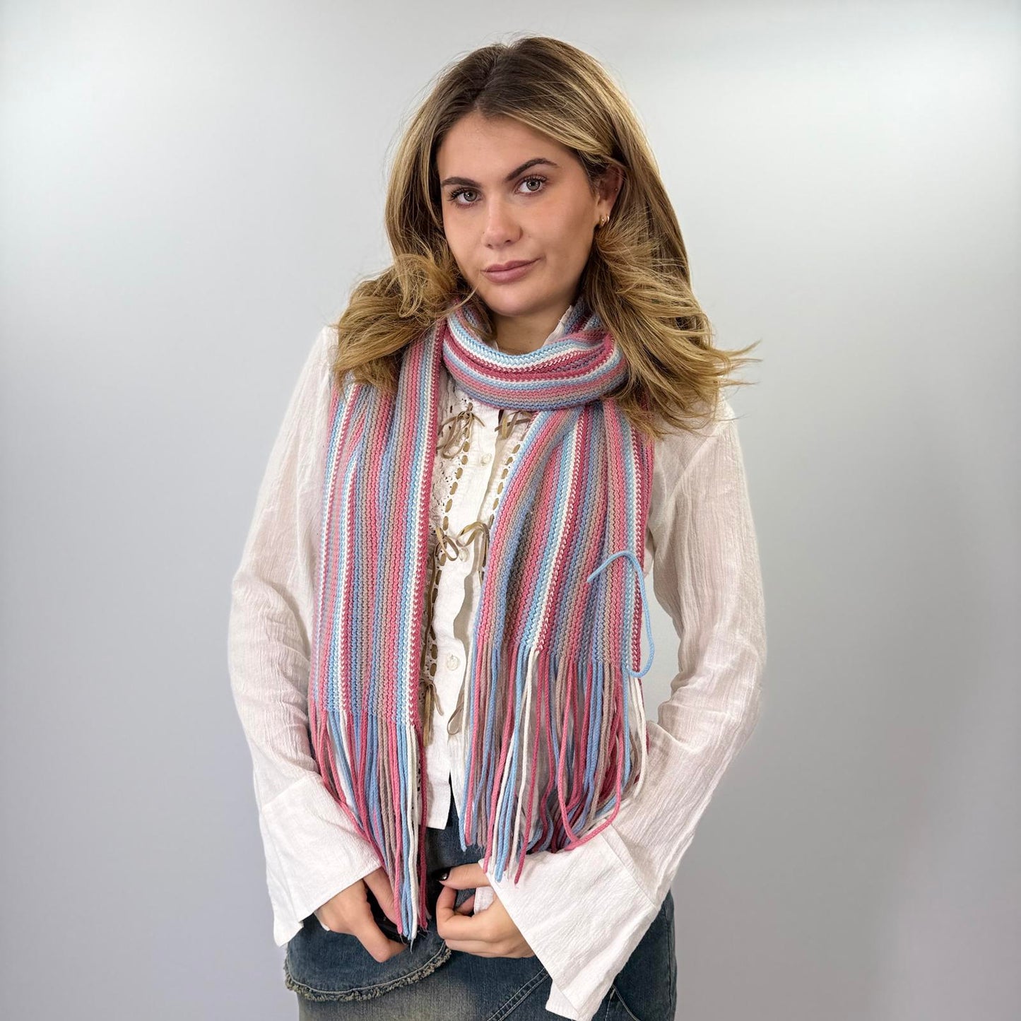 Striped Knit Scarf with Fringe