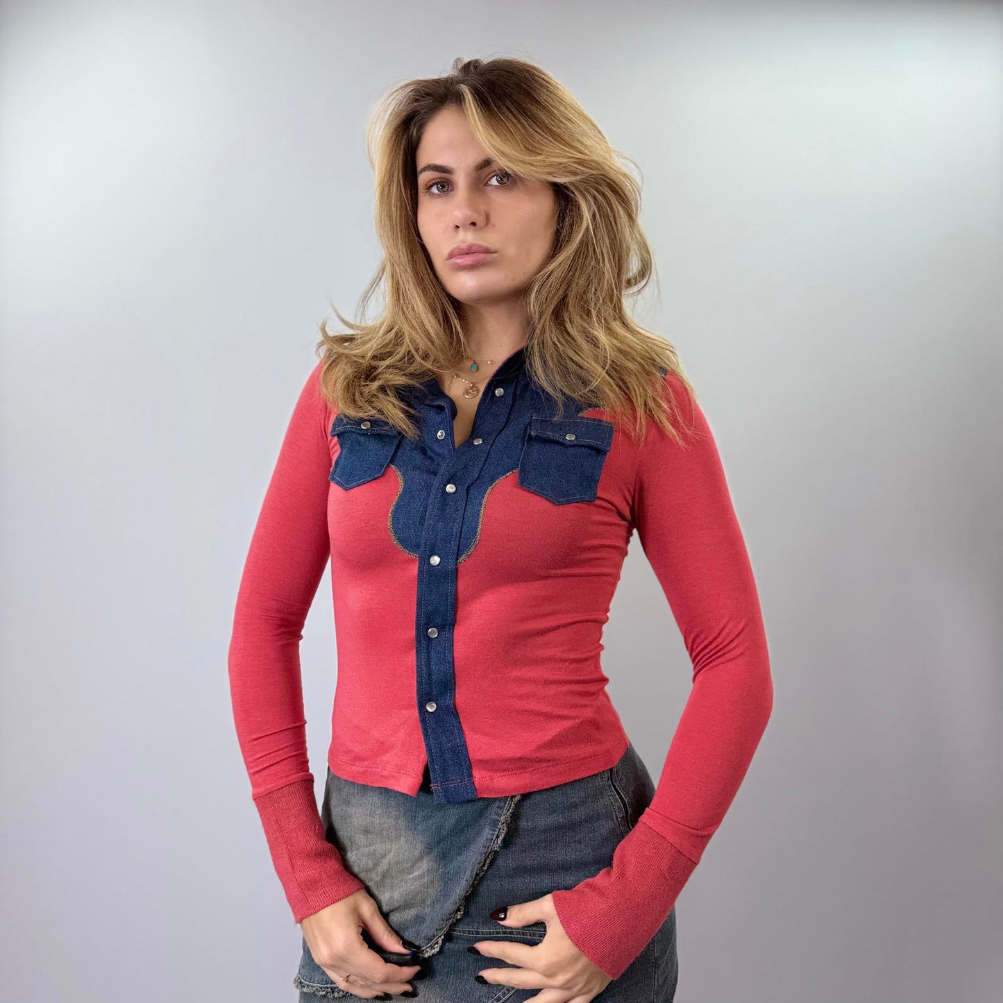 Matt Davis West Coast Red and Denim Long Sleeve Top- Size S