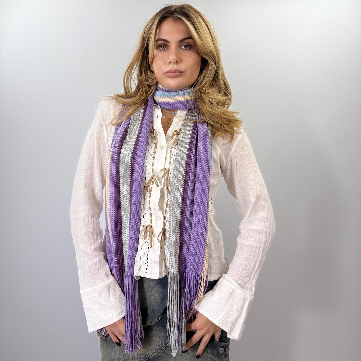 Striped Knit Scarf in Purple, Blue, and Grey Tones